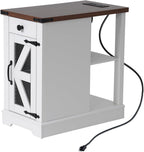 SUNSITT Side Table with Charging Station, Farmhouse End Tables with Back Storage Shelf, Outlets & USB Ports, Night Stand with Storage Cabinet Drawer Adjustable Shelf, White