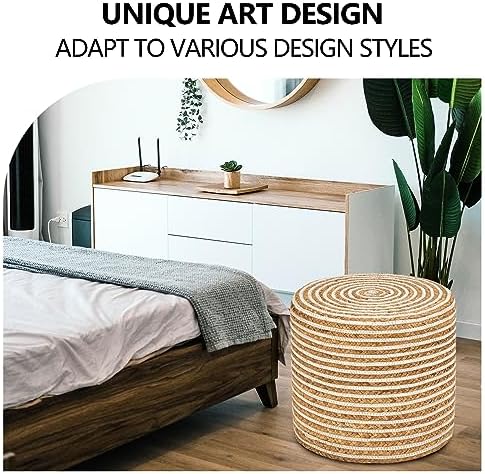 18'' Ottoman Pouf Natural Braided Poof Rustic Handweave Lounge Pouffe | Work as footrest extra guest seat vanity stool side table balcony lounge seat Ideal for living room bedroom dorm patio garden