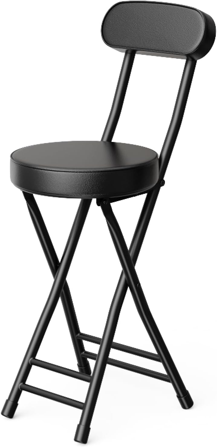 Folding Stool,Cushioned Padded Folding Bar Stool,24inch Black Height Heavy Duty Portable Chair Stool with 300lbs Capacity for Kitchen Living Room Garden Camping Fishing