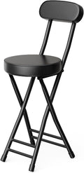 Folding Stool,Cushioned Padded Folding Bar Stool,24inch Black Height Heavy Duty Portable Chair Stool with 300lbs Capacity for Kitchen Living Room Garden Camping Fishing