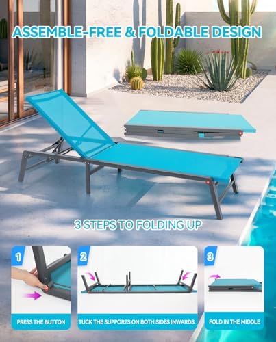 Chaise Lounge Outdoor, Aluminum Outdoor Chaise Lounge Set of 2 Assemble-Free, Patio Lounger Poolside Lay Flat Sunbathing Adjustable Backrest Pool Lounge Chair