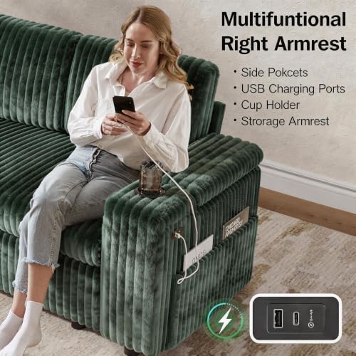 Vipbear 130" Modular Sectional Sleeper Sofa with Pull Out Bed, 9 Seat Corduroy L Shaped Couch with Ottoman and Chaise|USB Ports|Cup Holders|Side Table, Tool Free Assembly, Green