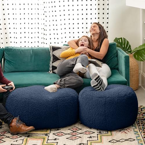 Jaxx Ellis Ottoman Shearling Faux-Lamb Plush Pouf for Modern Interior Design, Oval, Indigo