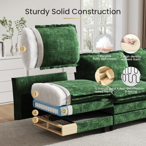KKL Large V-Shaped Modular Sectional Sofa, 7 Seater Cloud Couch with Ottoman, Chenille Sectional Couches for Living Room, Apartment, Green | Chenille Oversized Sectional Couches for Living Room, Apartment, Green