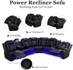 A Ainehome Power Recliner Sectional Sofa Set with LED Light, Leather Reclining Sectional Couches Corner Sectional Sofa Set with 2 Recliner Seats for Living Room with Cup Holder, Storage Console, Black