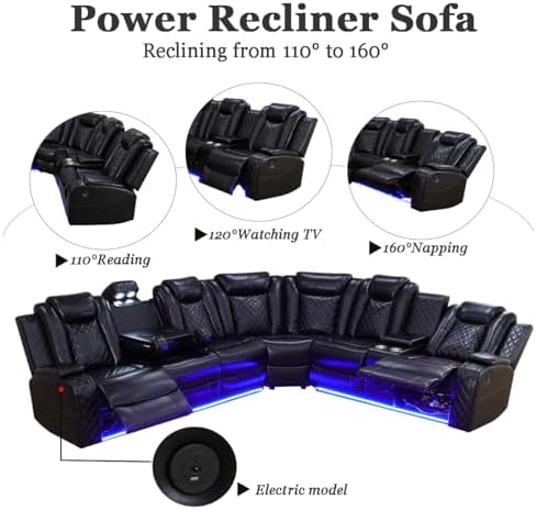 A Ainehome Power Recliner Set, Leather Sectional Sofa Set for Living Room, Home Theater, with LED Lights, Cup Holder, Hide-Away Storage, Wireless Charging(A-Black)