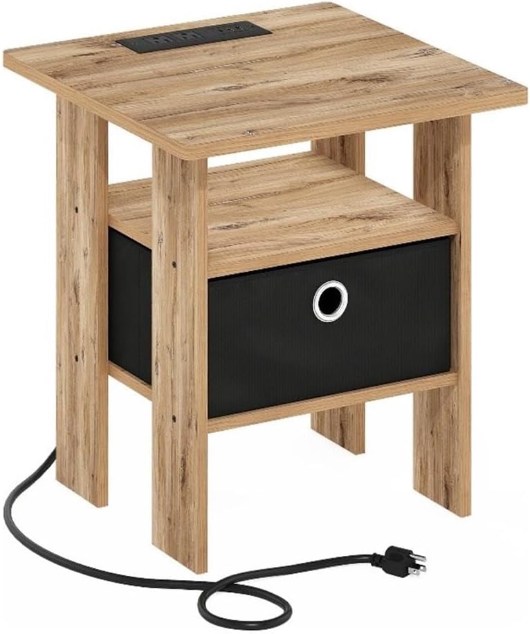 Pemberly Row Charging Station End Table, Composite Wood, Flagstaff Oak/Black Finish, 2 AC Outlets, USB & Type-C Ports, Includes Basket, 15.55 x 15.55 x 17.68 in, Living Room/Bedroom Use