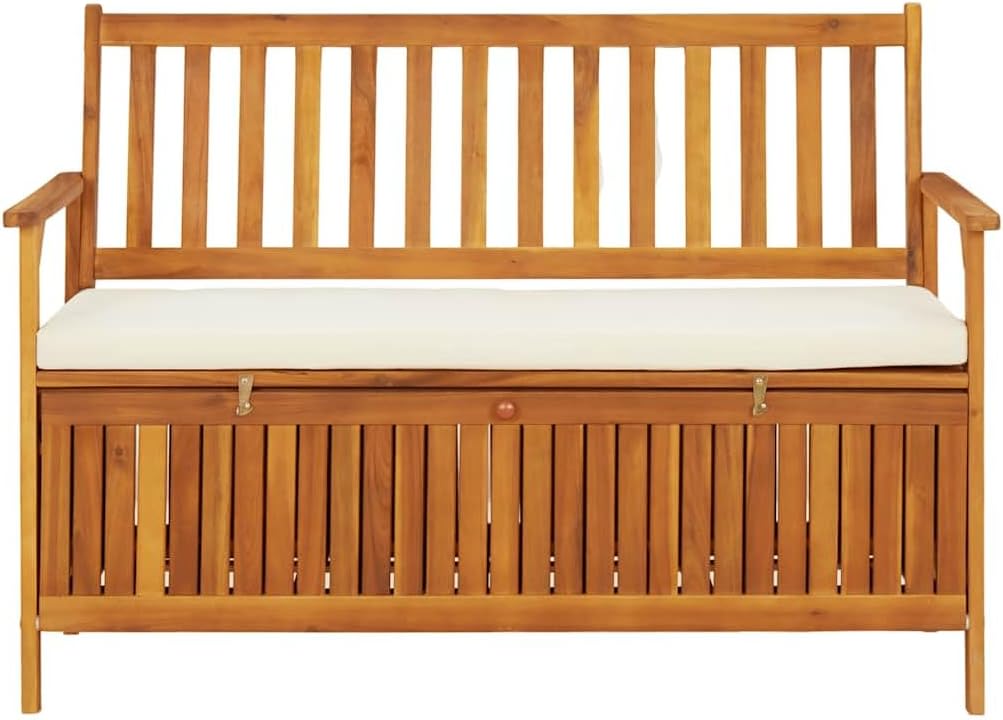 Patio Storage Bench, Solid Acacia Wood Outdoor Garden Bench with Seating for 2, Rustic Entryway Storage Settee with Soft Cushion for Deck, Porch or Mudroom, 47.2 x 24.8 x 33.1 in