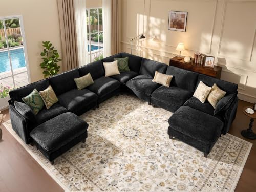 Ihanherry 139" Oversized V-Shaped Modular Sectional Couch, 9-Seater Cloud Sofa with Corner & Movable Ottoman, Large Cushions, Chenille Deep Seat Living Room Furniture Set,Black