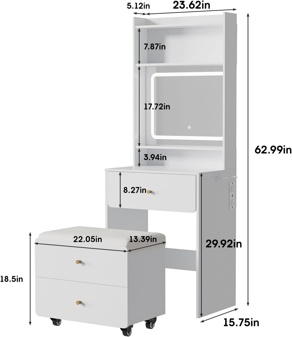 Make Up Vanity Desk with Mirror and Lights,Small Vanity With Storage Chair | White Vanity Table Set with Charger Station