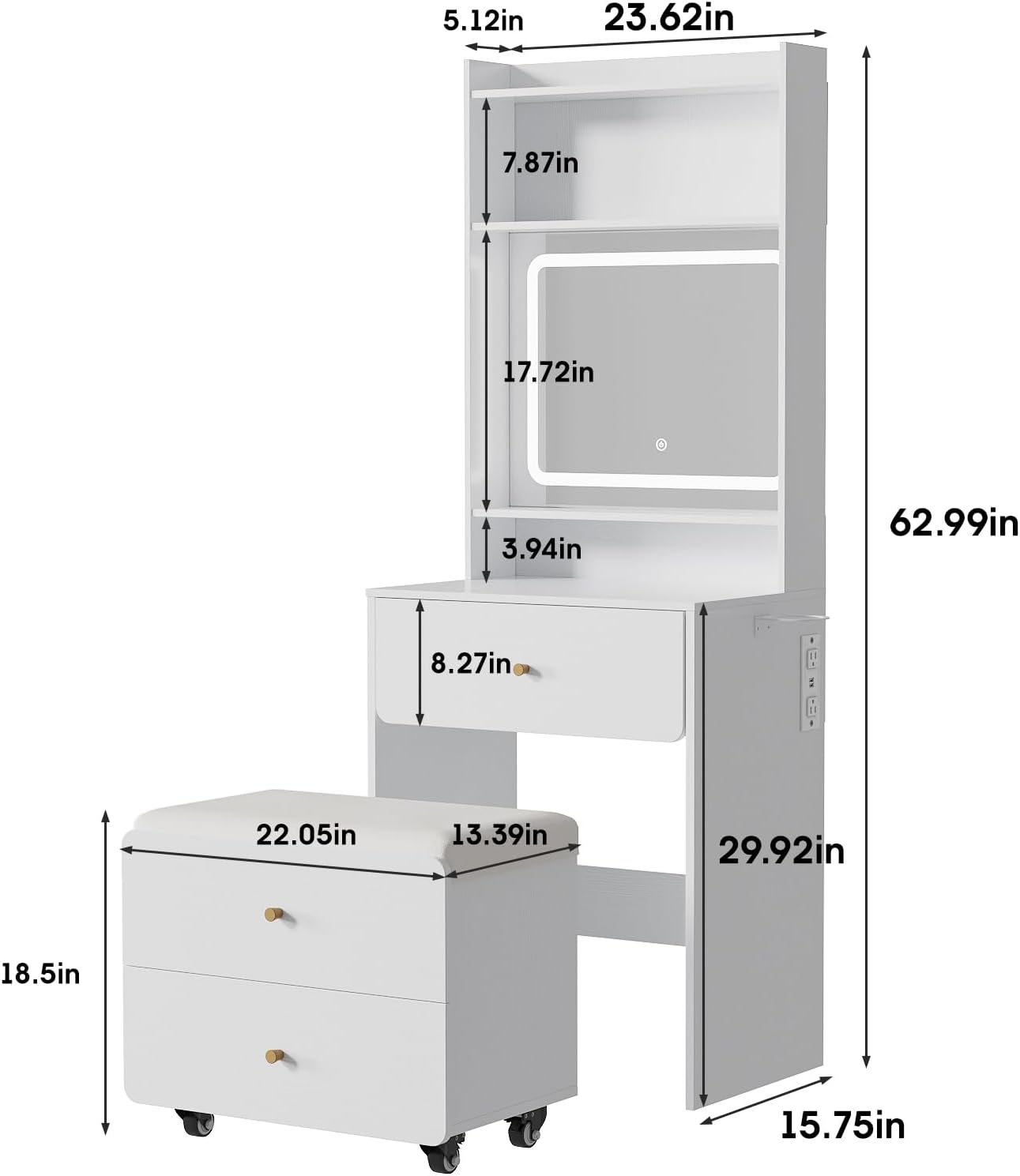 Make Up Vanity Desk with Mirror and Lights,Small Vanity With Storage Chair | White Vanity Table Set with Charger Station