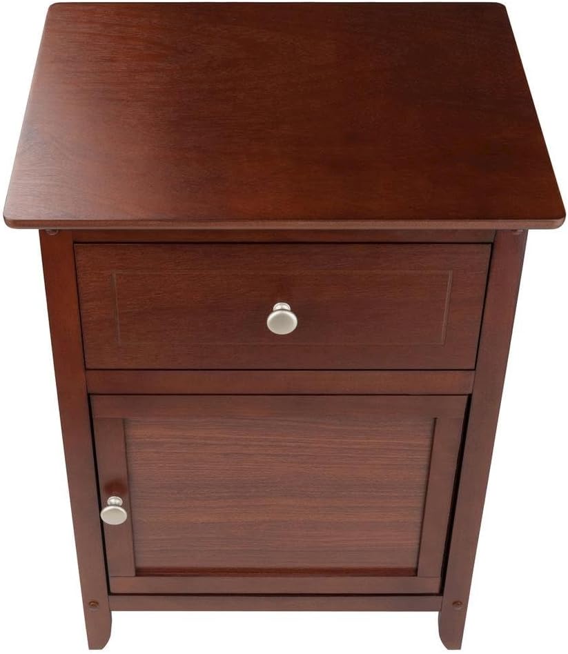 Furnifact Farmhouse End Table in Solid Wood Walnut Finish, Wooden Nightstand with Drawer and Cabinet, Side Table with Storage for Bedroom Or Living Room
