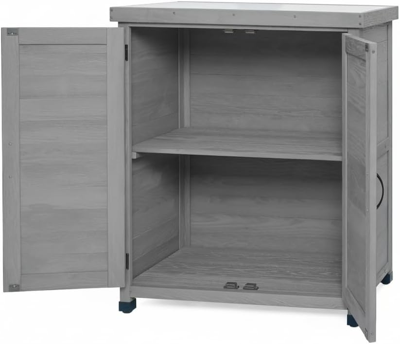 31" Weatherproof Small Storage Cabinet, Storage Cabinets with Premium Wood, Tool Cabinet with Magnetic Door for Patio & Garage, Gray