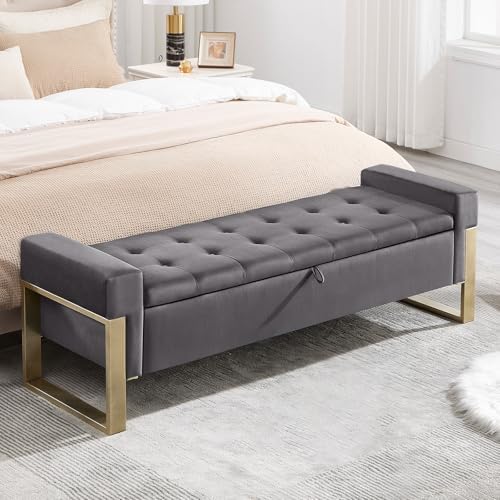 End of Bed Storage Bench, 67'' Benches for Bedroom Foot of Bed King Size, Upholstered Velvet Tufted Storage Ottoman Bench with Gold Legs for Window Living Room Entryway, Grey