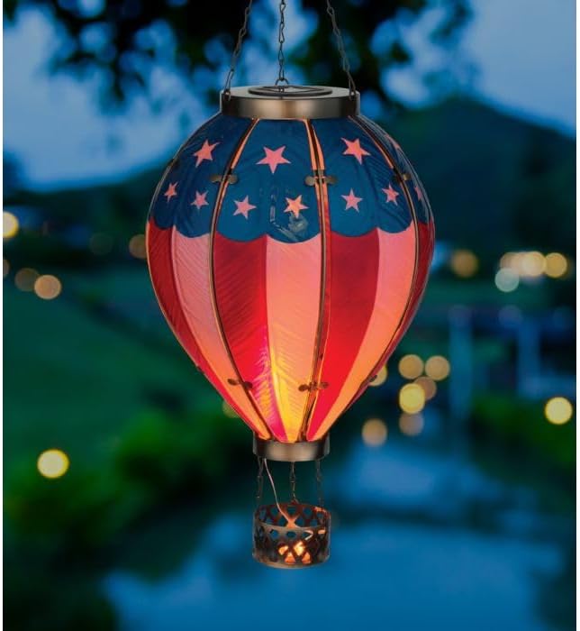 Regal Art & Gift Hot Air Balloon Solar Lantern – Hanging Solar-Powered LED Lights, Waterproof Portable Decorative Outdoor Lamp Made of Metal & Glass for Garden, Patios & Pathway – Americana (X-Large)