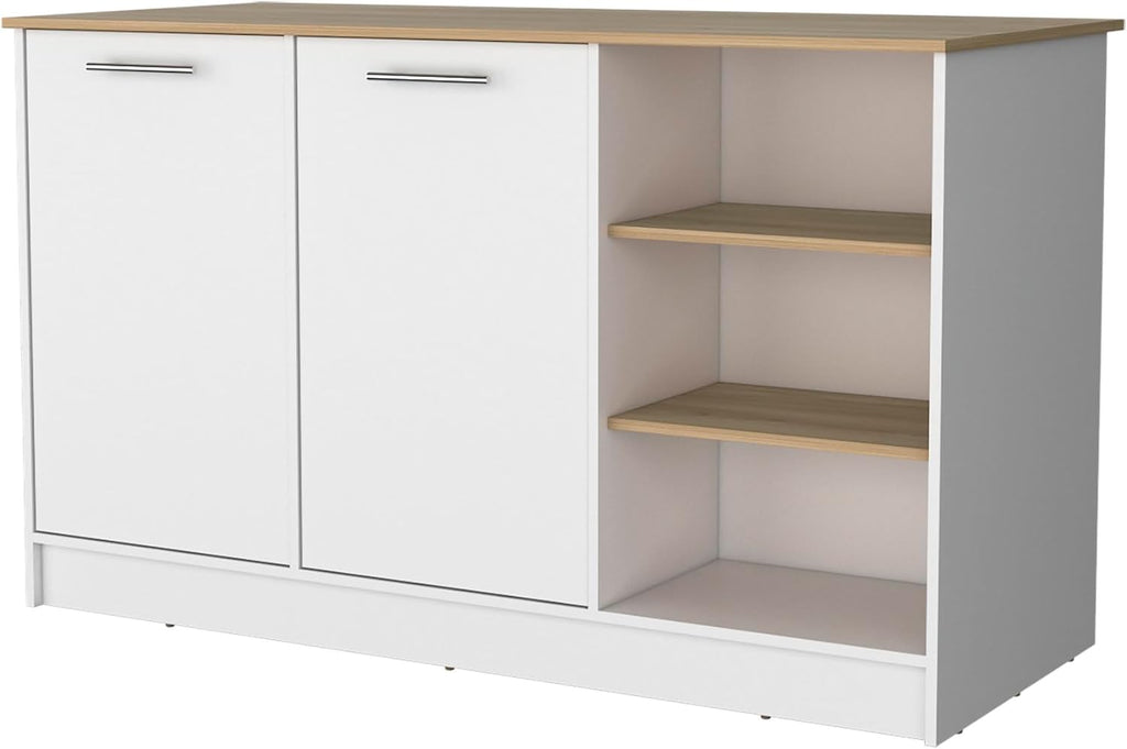 Melamine Kitchen Island with Two Doors and Three Open Shelves | two doors with internal shelves and three open storage shelves