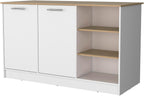 Melamine Kitchen Island with Two Doors and Three Open Shelves | two doors with internal shelves and three open storage shelves