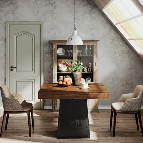 Tribesigns Square Dining Table for 4, 31.5" Farmhouse Small Kitchen Table | Wooden Dinner Table with 3.93" Thick Top & Sturdy Pedestal, Fits for Dining Room, Small Space, Apartment, Dark Brown & Black