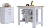 2 Piece Kitchen Set with Island and Pantry Cabinet, White/Light Oak | Includes interlocking mechanism for assembly without tools