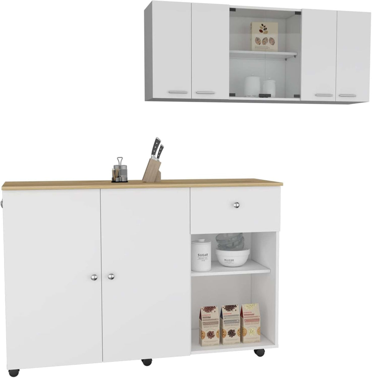 2 Piece Kitchen Set with Island Cart and Wall Cabinet | Includes pre-drilled holes for assembly