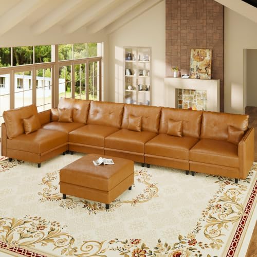 LLappuil 7-Seater L-Shaped Sectional Modular Sofa with Storage, Deep Seat Faux Leather Couches for Living Room, Waterproof & Scratch Resistant, Cognac Tan