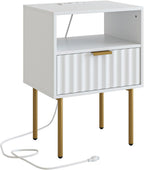 Masupu Nightstand with Charging Station,Mid-Century Modern Bedside Table with Storage Drawer and Open Wood Shelf,Small Gold Frame Side Table for Bedroom,Living Room (White Fluted)