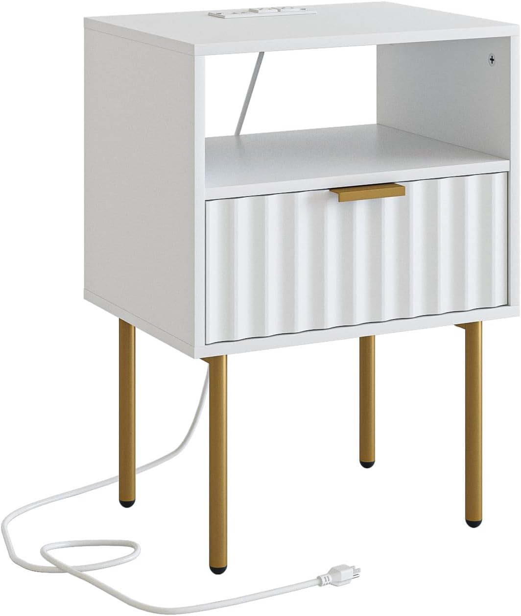 Masupu Nightstand with Charging Station,Mid-Century Modern Bedside Table with Storage Drawer and Open Wood Shelf,Small Gold Frame Side Table for Bedroom,Living Room (White Fluted)