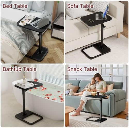 GOYLSER C Shaped Tv Trays Living Room End Table End Stand, Black Minimalist Wooden c Table for Sofa, Height Adjustable Tv Tray Tables Swivel Side Table for Dinner Eating