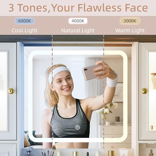 Vanity Desk with Mirror & Lights, Makeup Vanity with Power Outlet & USB Ports, Farmhouse Dressing Table, 6 Drawers & 4 Storage Cabinets, RGB Cabinet Lighting, 3-Color Dimmable Mirror