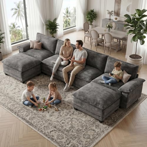 140" Modular Sectional Couch, U Shaped Cloud Sofa for Living Room | Comfortable Foam Cushions, Sturdy Frame, Appealing Appearance, Easy Assembly, Soft Chenille, Modular Design, Dark Gray