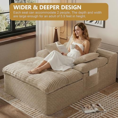 65" Oversized Chaise Lounge Chair Indoor, Chaise Lounge Chair Double Layer Side Pockets 3 Pillows, Cloud Corduroy Chaise Sofa Bed Sleeper Couches for Living Room No Assembly Require,Camel
