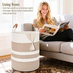Large Laundry Basket, Laundry Hamper with Leather Handles, 60L Woven Dirty Clothes Hamper, Rope Hampers for Bedroom, Barthroom, Brown