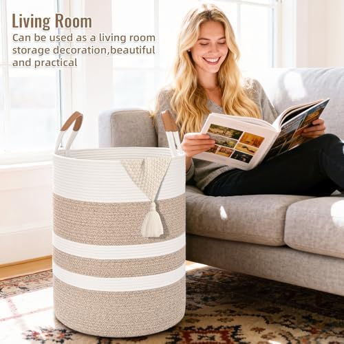 Large Laundry Basket, Laundry Hamper with Leather Handles, 60L Woven Dirty Clothes Hamper, Rope Hampers for Bedroom, Barthroom, Brown