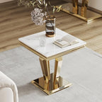 Faux Marble End Table, Modern 23" Square Side Table with Marble Tabletop and Diamond-Shape Stainless Steel Base for Living Room, Bedroom (White,Gold)