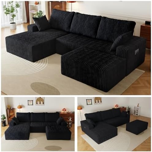 108" U-Shape Modular Sectional Cloud Couch with Ottoman, Deep Seat Couch with Oversized Chaise Lounge, Comfy Flannel Fabric Sofa for Living Room Bedroom Apartment Game Room Basement