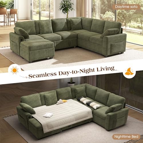 Ihanherry 7-Seater Large Sectional Sofa Bed with Storage Ottoman & Lovescat, Corduroy Modular Sleeper Sofa Set with USB Port & 4 Pillows, 106" U-Shaped Convertible Couch for Living Room（Green）