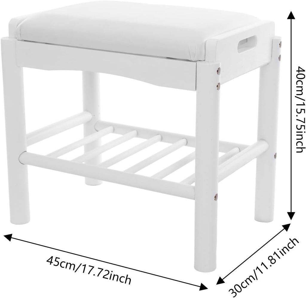 Shoe Bench with Cushion, 2-Tier Bamboo Shoe Rack Bench, Entryway Shoe Storage Organizer with Compartment, Wooden Shoe Storage Bench for Hallway, Living Room, Closet, Bedroom (White)
