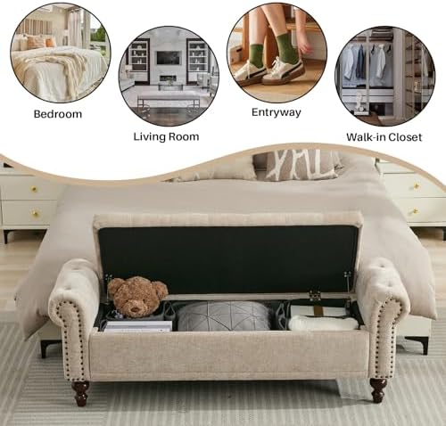 SOFTHION 58.1" Storage Bench for Bedroom, Chenille Cushion, Light Brown | End of Bedroom Bed Bench Ottoman with Tufted Cushioned Rolled Arm Large Storage Space for Reading/Living Room/Entryway