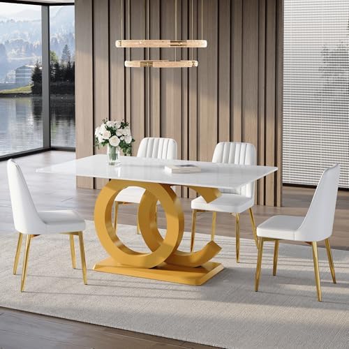 Modern Dining Chairs Set of 4,Upholstered Dining Room Chairs,Kitchen Chairs with Soft Backrest & Gold Metal Legs,Armless Dining Chairs for Kitchen Dining Living Room, White