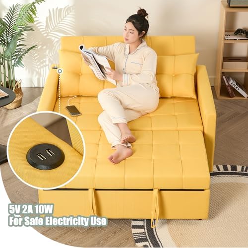 GOSUHI 52" 3-in-1 Convertible Sleeper Sofa Bed, Linen, Yellow | Pull-Out Bed, Stepless Adjustable Backrest, Side Pocket, Compact Loveseat, Living Room, Dorm & Apartment