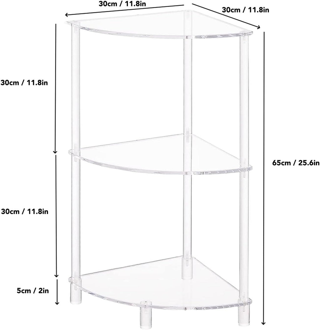 Corner Shelf, 3 Tier Acrylic Corner Side Table, 25.6 inch Standing Triangle End Table, Modern Home Display and Storage Shelf, Small Bedside Tables for Bedroom, Living Room,