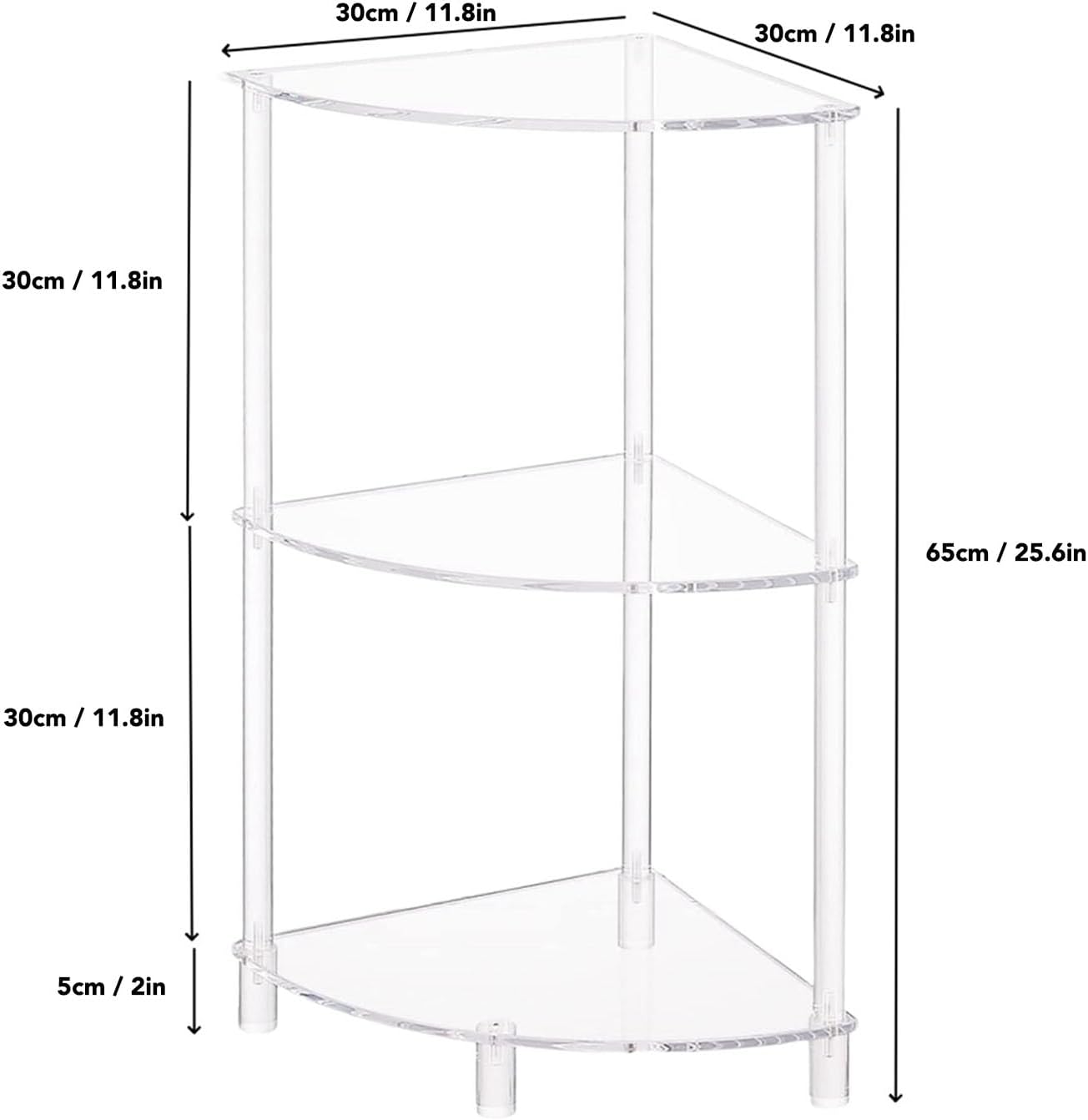 Corner Shelf, 3 Tier Acrylic Corner Side Table, 25.6 inch Standing Triangle End Table, Modern Home Display and Storage Shelf, Small Bedside Tables for Bedroom, Living Room,