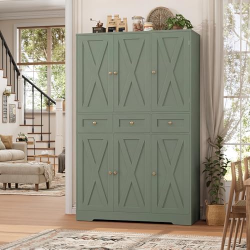 HOSTACK 67"H Farmhouse Kitchen Pantry Storage Cabinet with 3 Drawers, Green | Large Food Pantry Cabinet with Swing-Out Door Rack & Adjustable Shelf for Kitchen, Dining room, Living room