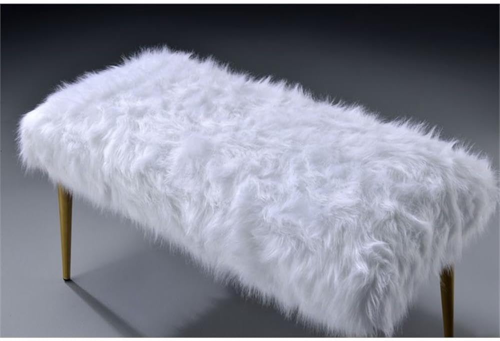 Acme Bagley II Bench, White Faux Fur & Gold