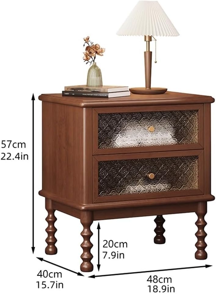 Vintage Wooden Nightstand Antique Bedside Table with 2 Floral Glass Drawers Mid-Century Modern Storage Cabinet End Table (Black)