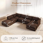Vesgantti 7 Seater Sectional Couch, 141.7" Large Cloud Sofa, Brown | U Shaped Modular Couch with Chaise Ottoman, Deep Seat Sofa for Living Room, Pinstripe Corduroy, Curved Armrest, No Assembly