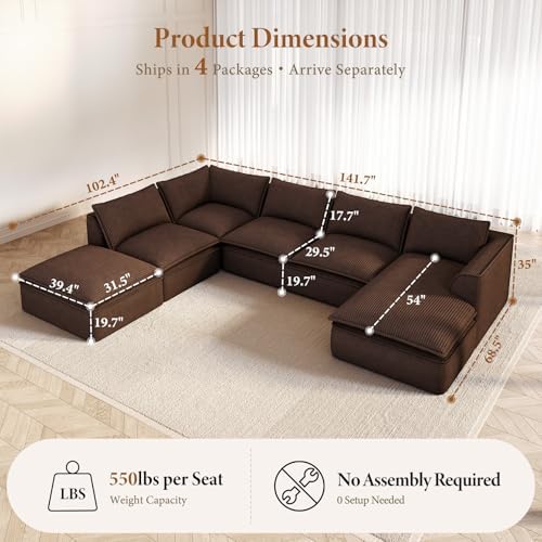 Vesgantti 7 Seater Sectional Couch, 141.7" Large Cloud Sofa, Brown | U Shaped Modular Couch with Chaise Ottoman, Deep Seat Sofa for Living Room, Pinstripe Corduroy, Curved Armrest, No Assembly