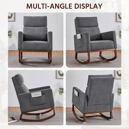 Yaheetech 28in Wide Padded High Back Glider Rocking Chair, Gray Polyester | High Back Nursing Chair with Side Pockets, Thick Foam Glider Chair, Rubberwood Base, Leisure Rocker for Living Room Bedroom