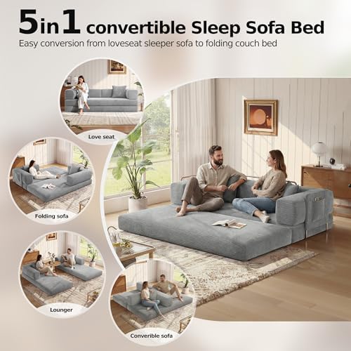 MoonSpeak 78.8'' Futon Sofa Bed, Couches for Living Room | Corduroy Convertible Futon Sofa Bed with Storage Pocket, Modular Sleeper Couch in a Box, No Assembly (Gray)