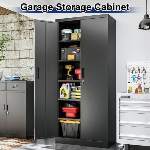 BESFUR Metal Storage Cabinet with 2 Doors and 5 Adjustable Shelves Garage Storage Cabinet with Lock 71" Office Storage Cabinets Locking Cabinets for Garage Office Shop Home (Black)